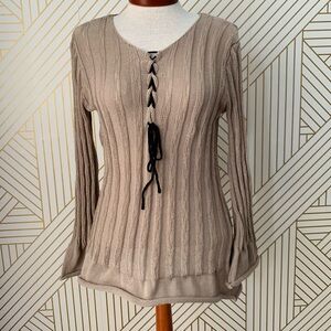 Boho bohemian ribbed lace up bust bell sleeve sweater Gypsy whimsy feminine M